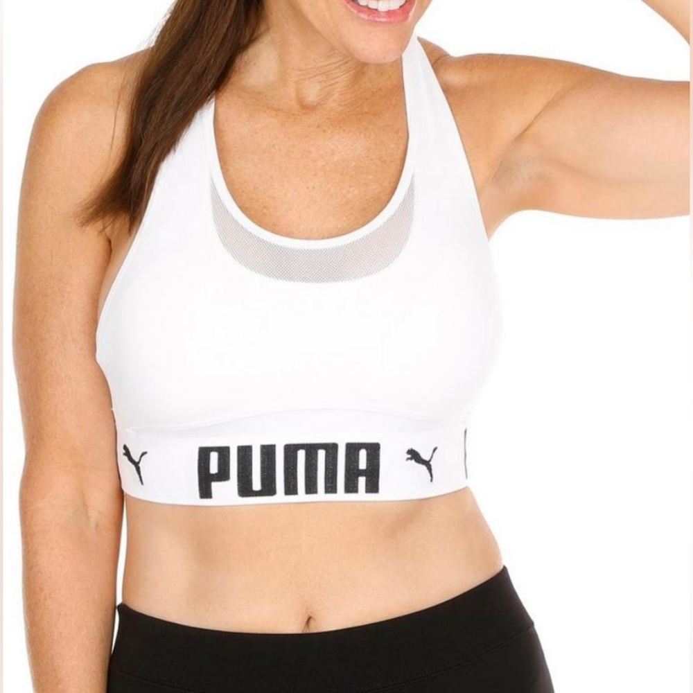Puma White Racerback Sports Bra with Mesh Overlay Detail in Size M